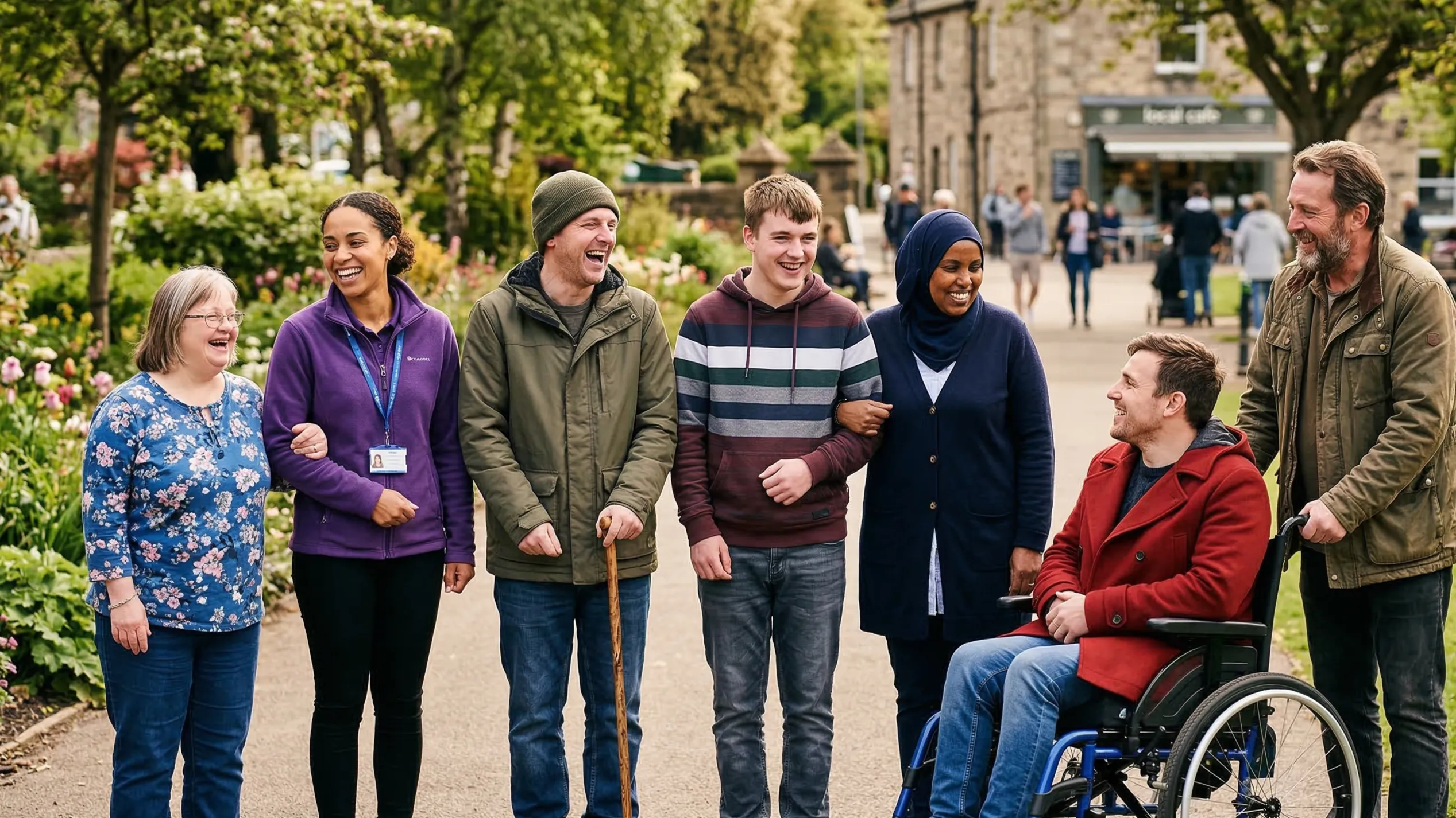 A support worker walking alongside a service user in a community setting